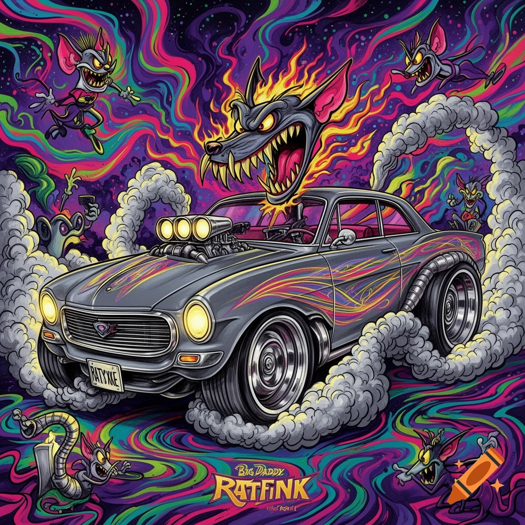 A vibrant, psychedelic illustration in Rat Fink style, featuring a gray custom hot rod car with flames and a monstrous rat head, surrounded by smaller cartoon rats and swirling colorful smoke.