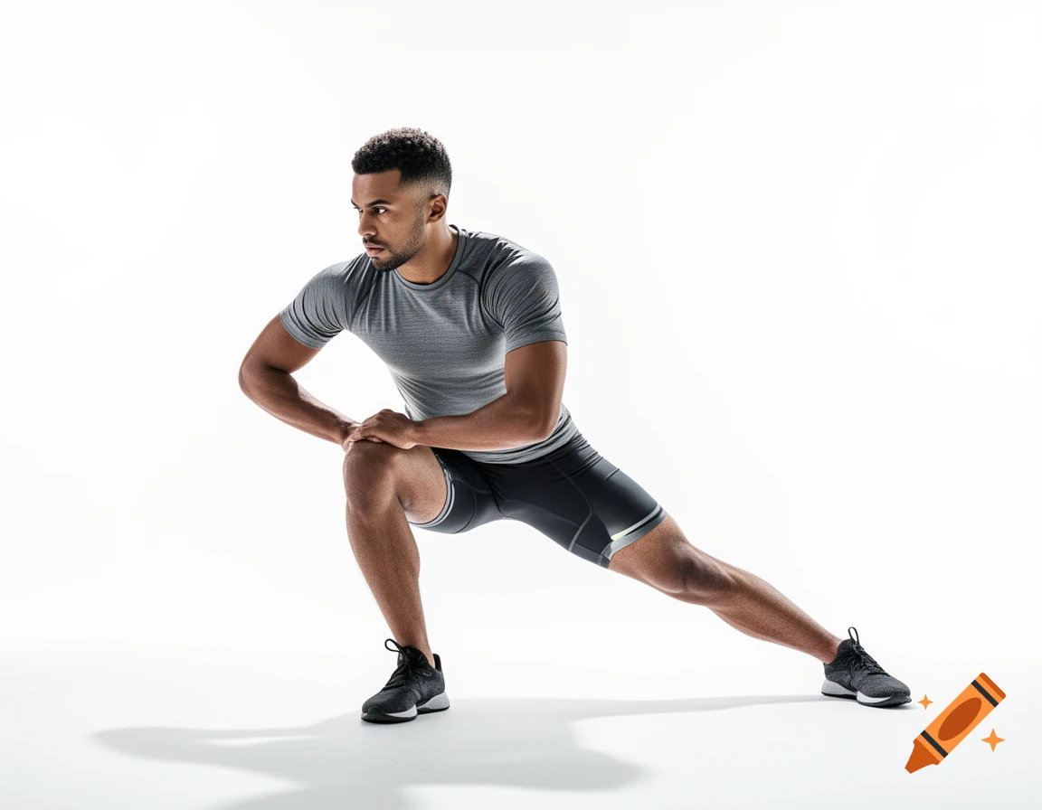 Muscular Black man in athletic wear stretching his leg on a white background, photorealistic.