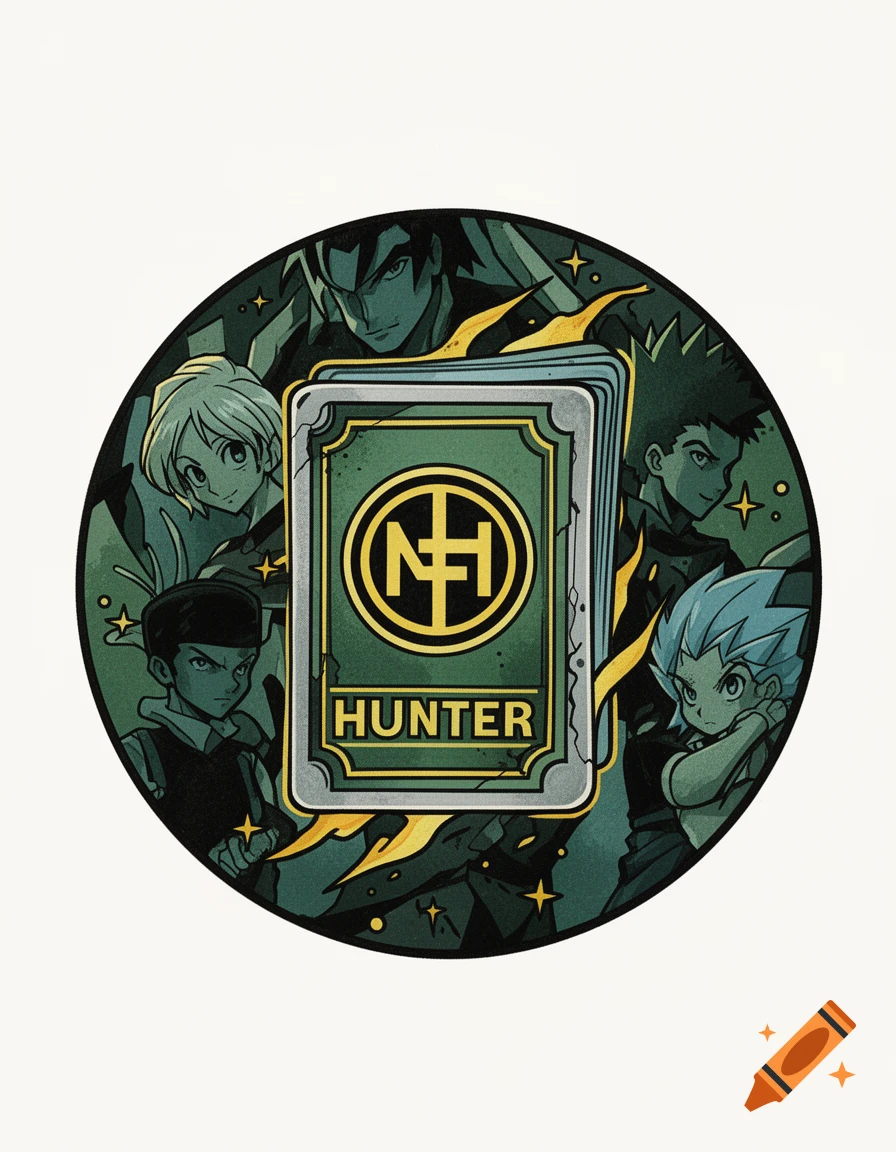 Circular anime-style illustration of Hunter x Hunter characters surrounding a green and gold 'HUNTER' emblem.