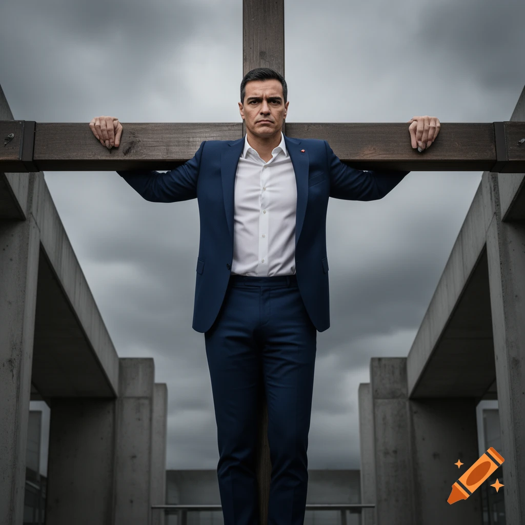Photorealistic portrait of Pedro Sánchez in a suit, arms outstretched on a wooden cross-like beam under a stormy sky, against a brutalist architectural background.