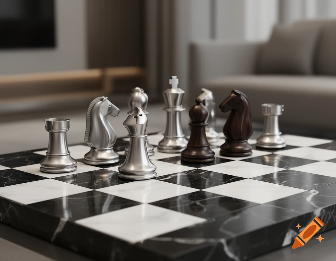 Modern silver and dark wood chess pieces on a black and white marble board, photorealistic.