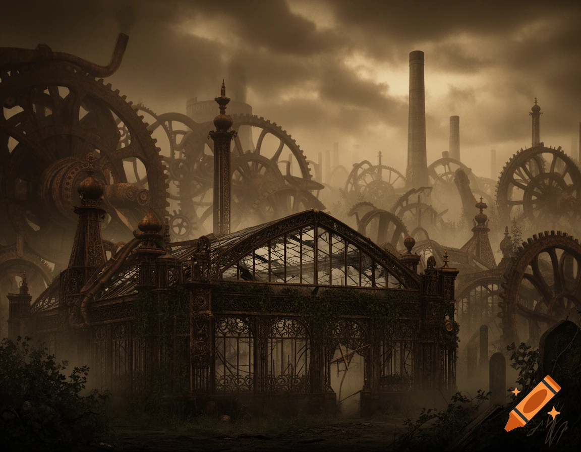 A dark, misty steampunk landscape with an overgrown industrial building, giant gears, smokestacks, and grave markers.