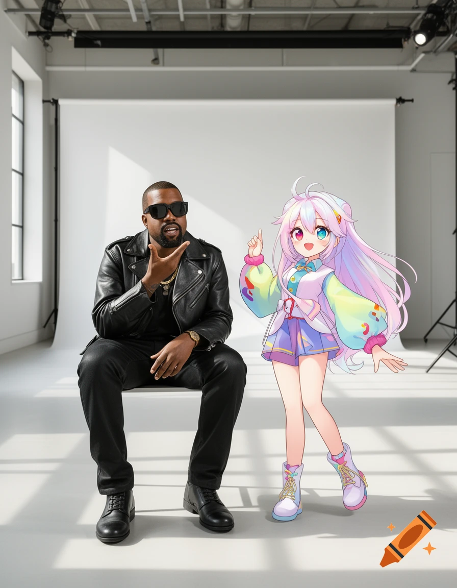 Kanye West in a black leather jacket sits pointing next to a colorful anime girl pointing up in a white studio.