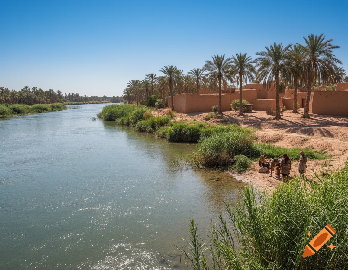 A wide river flows past a lush bank with green reeds, traditional mud-brick buildings, and tall palm trees under a clear blue sky. A few people gather by the river's edge.