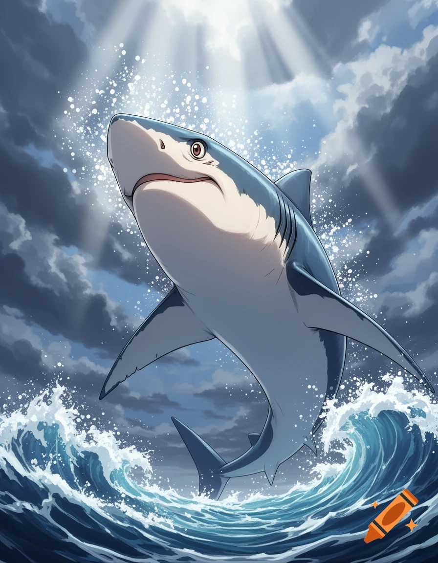 Anime-style great white shark jumping dramatically out of wavy ocean water under a cloudy sky with sun rays.