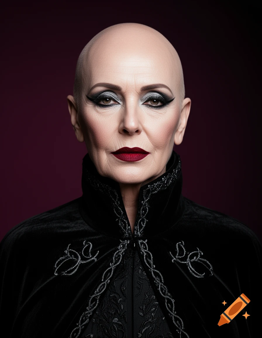 Bald older woman with dramatic goth-style makeup, including dark eyeshadow and red lipstick, wearing an embroidered black velvet cape against a dark background.