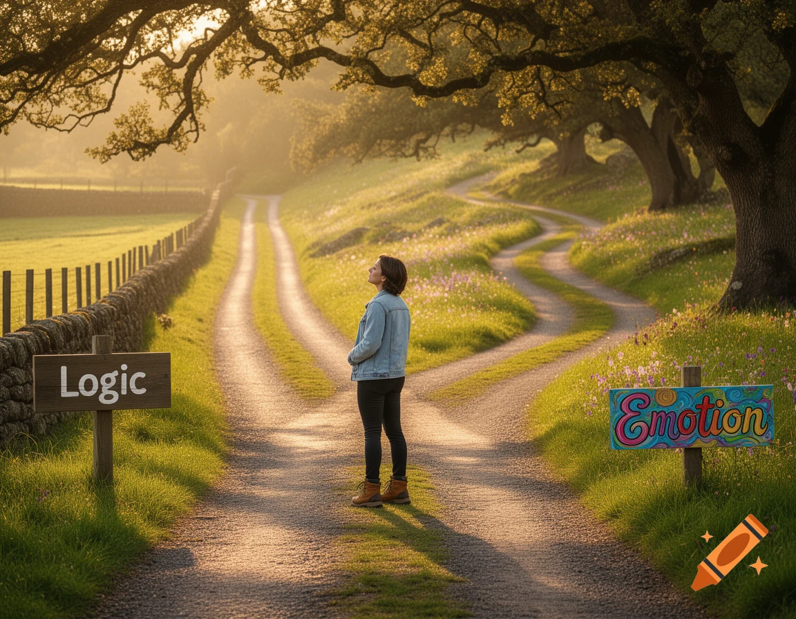 A person stands at a sunlit fork in a winding country road, with signs reading 'Logic' and 'Emotion' pointing to the diverging paths.