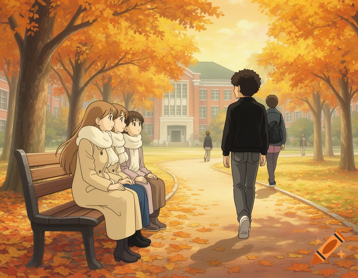 Ghibli animation style illustration of students on an autumn university campus, with three girls on a bench and boys walking on a path.