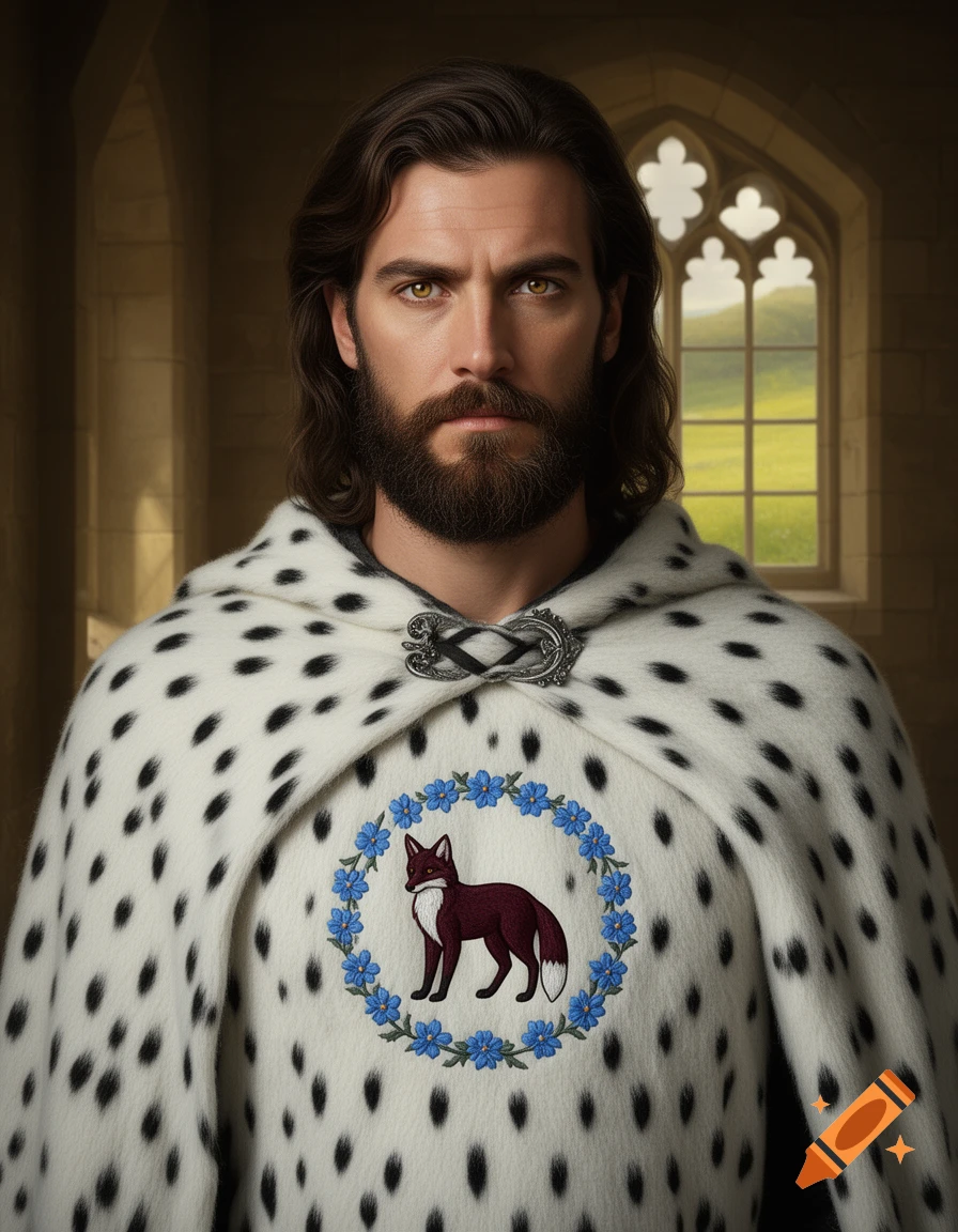 Hyper-realistic portrait of a knight in an ermine cape with a fox heraldry, standing in a castle corridor.