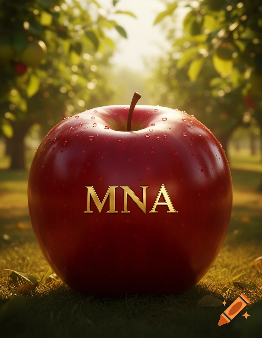 Photorealistic red apple with 'MNA' text and water droplets in a sunny orchard.
