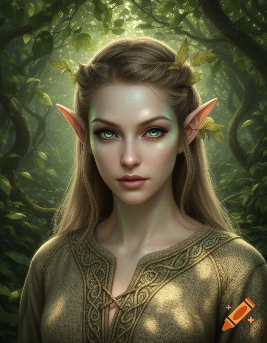 A detailed portrait of a beautiful elf with long blonde hair, bright green eyes, pointed ears, and a green tunic, in a sun-dappled forest.