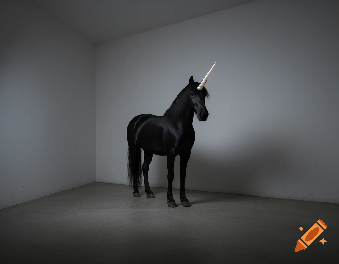 A majestic black unicorn stands in the corner of a sparsely lit, empty room, rendered in a photorealistic style.