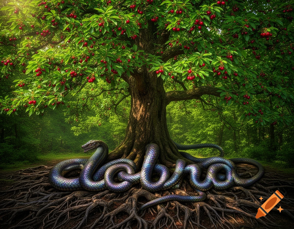 A vibrant cherry tree with ripe fruit stands in a lush forest, its roots entwined by a colorful snake spelling "DOBRA".