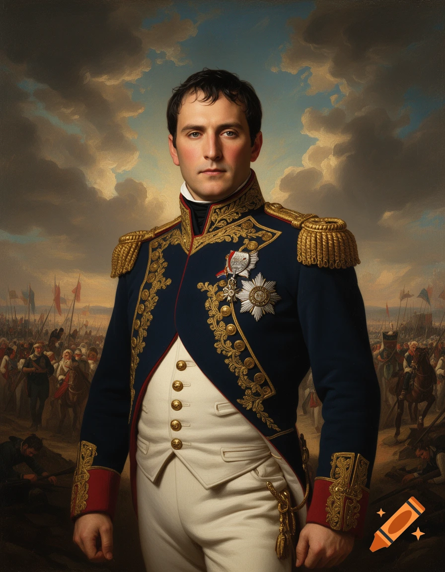 A man in a detailed blue and gold Napoleonic military uniform stands against a dramatic sky and a distant battlefield.