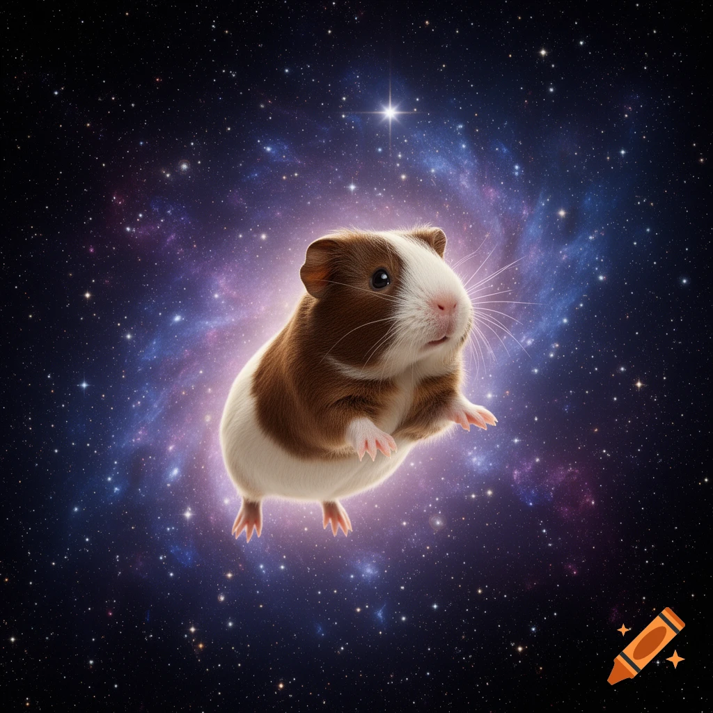 A brown and white guinea pig floats in the center of a cosmic purple and blue galaxy, surrounded by stars.