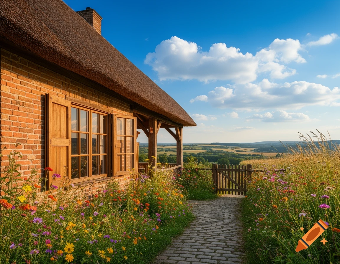 A charming brick house with a thatched roof, surrounded by colorful wildflowers, a cobblestone path, and a view of a vast rural landscape under a blue sky.