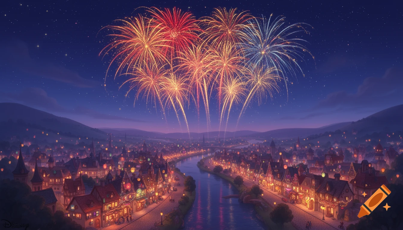 A colorful fireworks display over a charming, illuminated fantasy city at night, with a river flowing through it, in a Disney animation style.