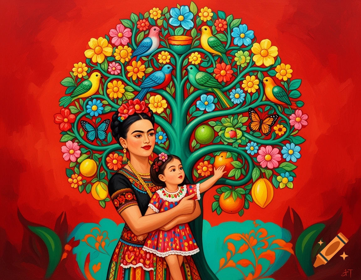 Colorful Mexican folk art painting of Frida Kahlo holding a child in front of a vibrant Tree of Life with birds, flowers, and fruit.