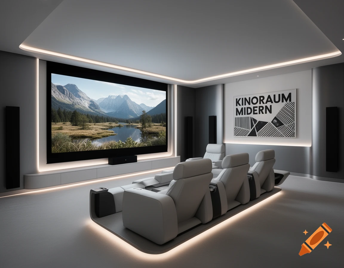 A modern home theater with white reclining seats, a large screen displaying a mountain landscape, and minimalist lighting.