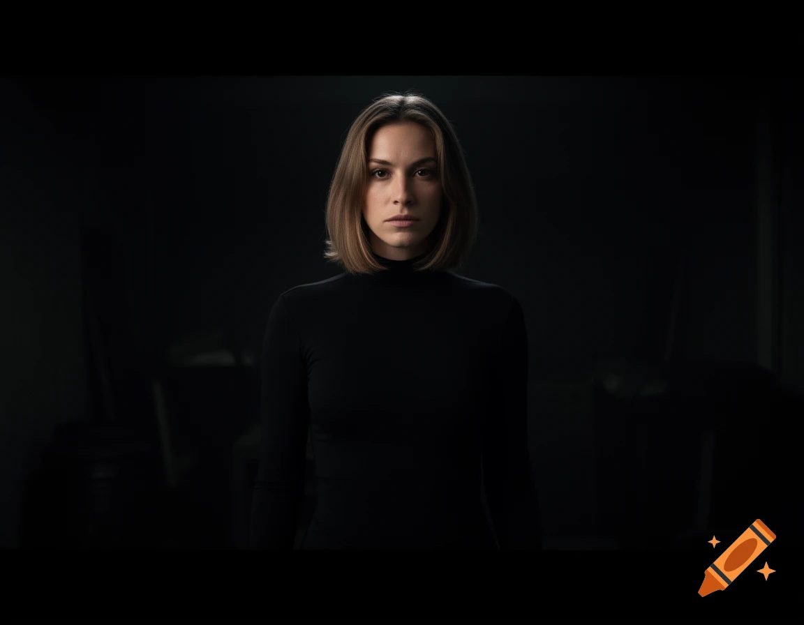 A serious woman with short light brown hair wears a black turtleneck in a dramatic, dark, high-contrast portrait.