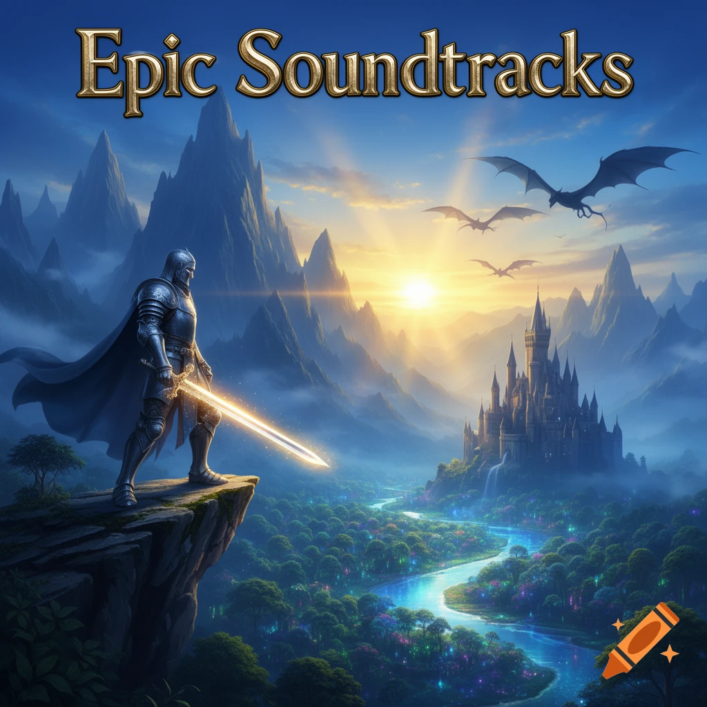 A knight with a glowing sword stands on a cliff overlooking a fantasy castle, river, and dragons at sunset, with 'Epic Soundtracks' at the top.