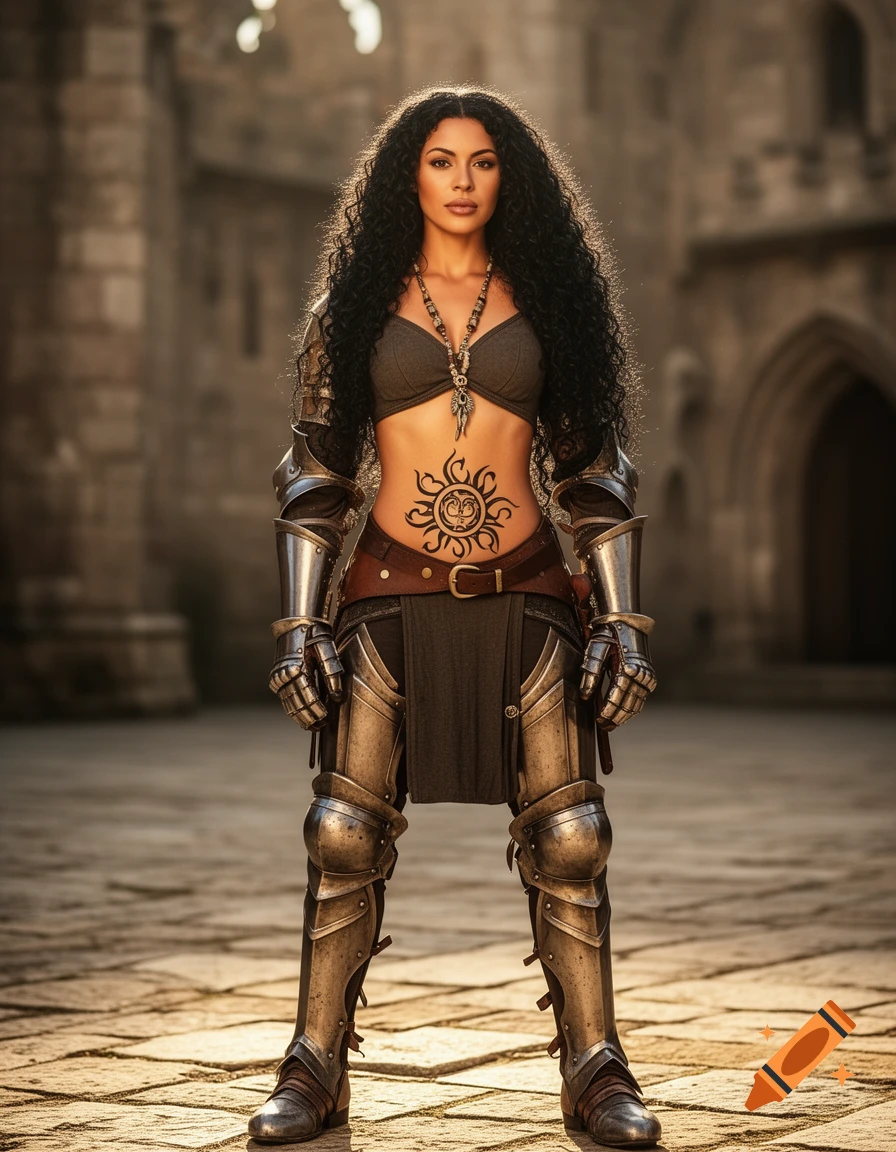 A beautiful female knight with long curly black hair and a tribal-sun tattoo on her belly, wearing ornate armor and a bra-like top, standing in a photorealistic style in front of a stone castle.