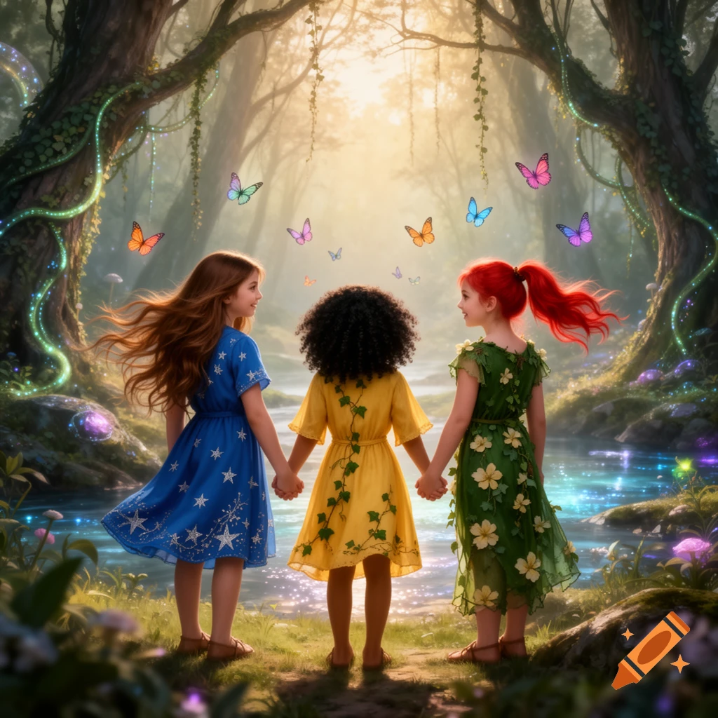Three young girls, holding hands, gaze into a sunlit magical forest with a sparkling stream and colorful butterflies.
