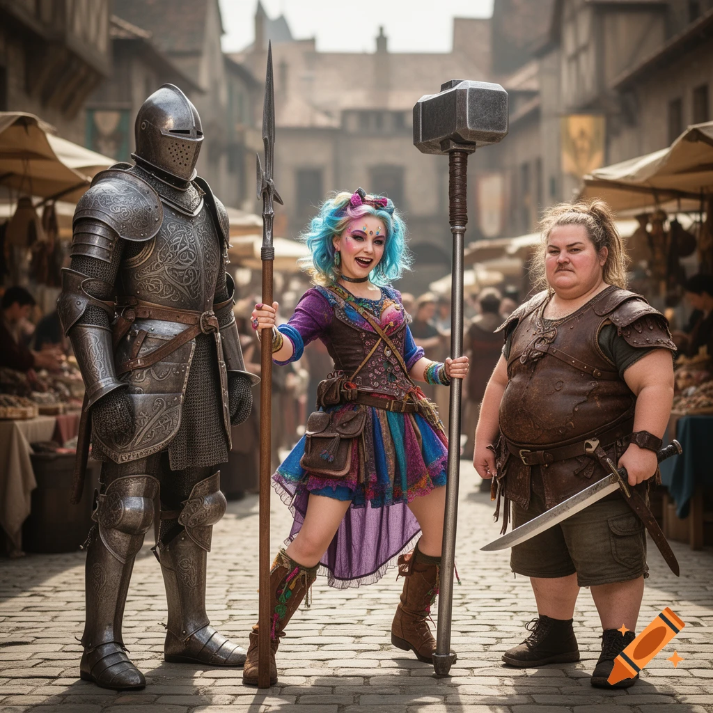 An armored knight, a person with colorful hair holding a spear and hammer, and a woman with a sword in a medieval market.