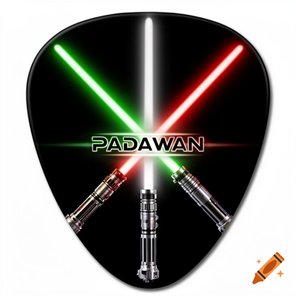 Black guitar pick graphic featuring crossing green, white, and red lightsabers and the word "PADAWAN" in the center.