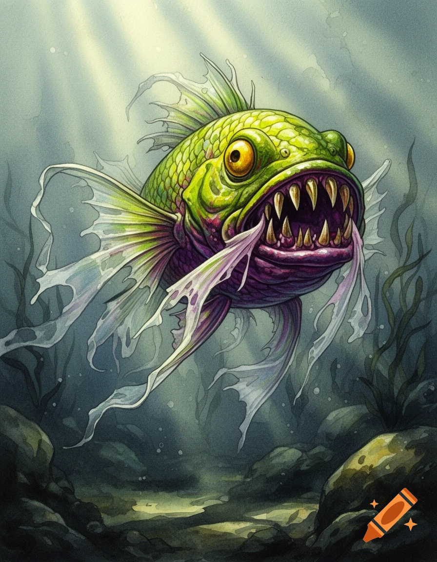 A vibrant green and purple monster fish with sharp teeth and yellow eyes swims in dark watercolor depths, light rays pierce from above.