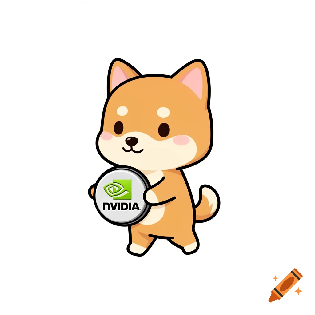 A cute chibi Shiba Inu mascot character holding a circular NVIDIA badge, depicted in a clean vector illustration style.