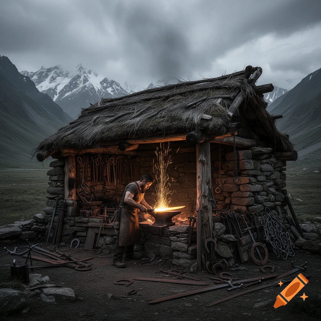 A blacksmith hammers glowing metal in a rustic stone and thatch forge, sparks flying, with snow-capped mountains under a cloudy sky.