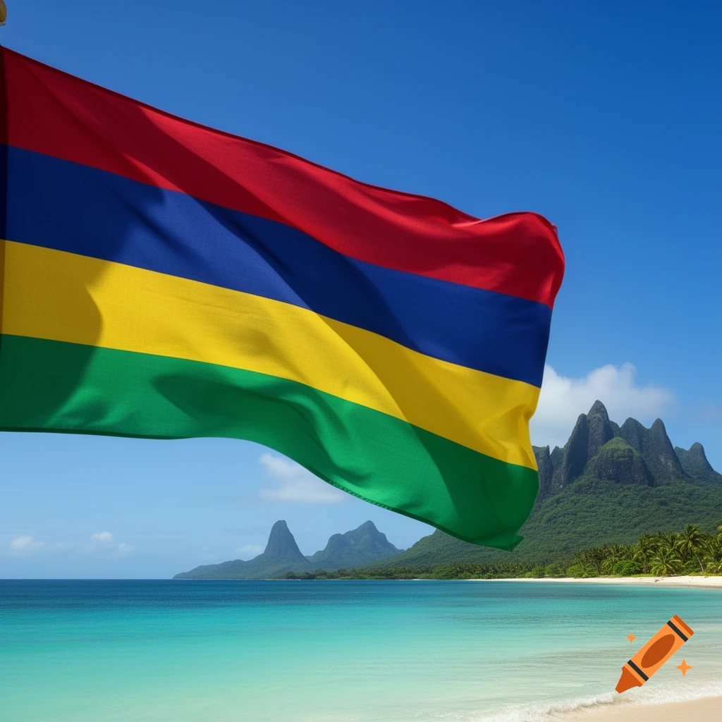 Mauritian flag waving over a vibrant tropical beach with turquoise water, white sand, and lush green mountains under a blue sky.