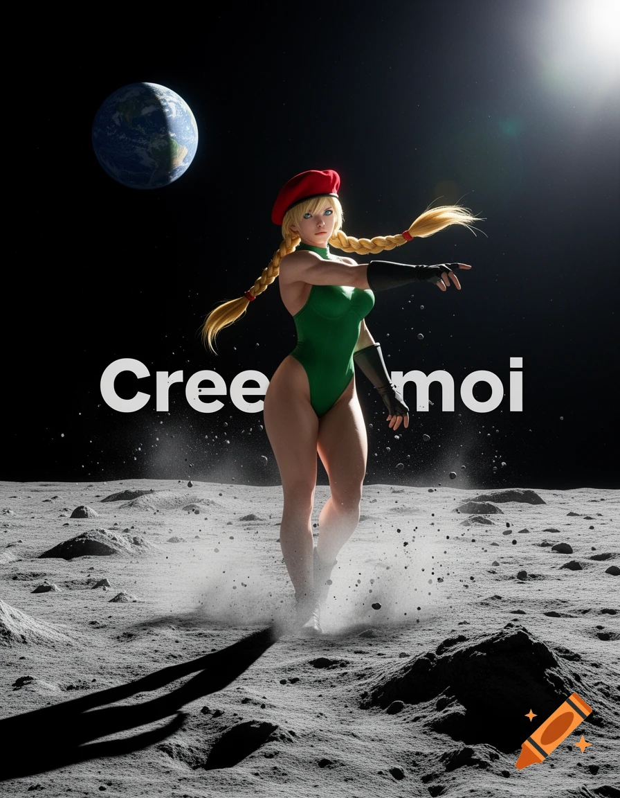 Photorealistic Cammy from Street Fighter on the moon with Earth in the background, text 'Cree moi'.