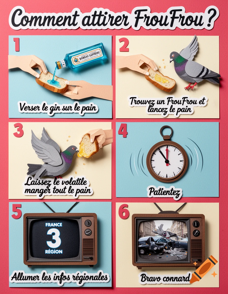 A papercraft-style humorous infographic titled "How to attract FrouFrou?" showing a pigeon getting drunk on gin and causing a car accident.
