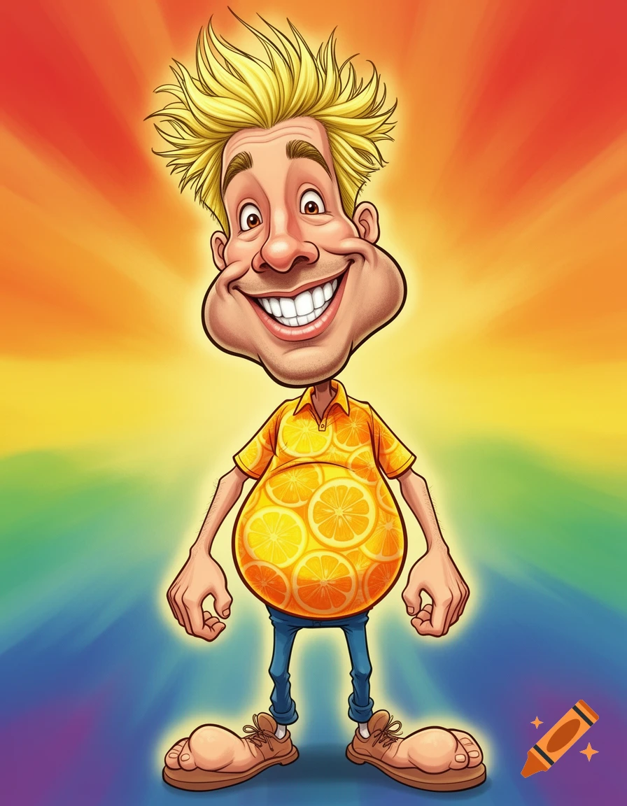 A vibrant cartoon caricature of a smiling man with spiky blond hair, a big head, and a large belly in an orange-patterned shirt, standing against a rainbow background.