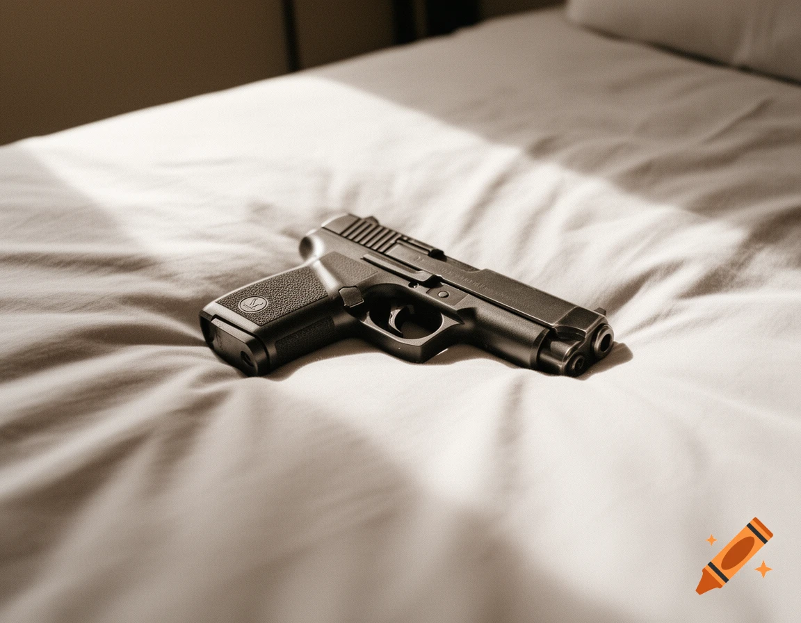 A black pistol lies diagonally across a rumpled light-colored bedsheet, with soft shadows and light falling on the fabric.