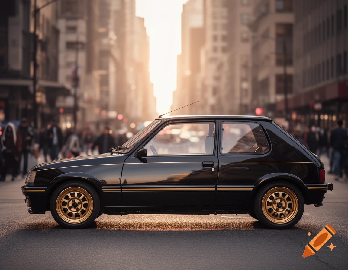 A black Peugeot 205 with gold wheels and gold stripes is parked on a city street with a blurred cityscape background and warm sunlight.