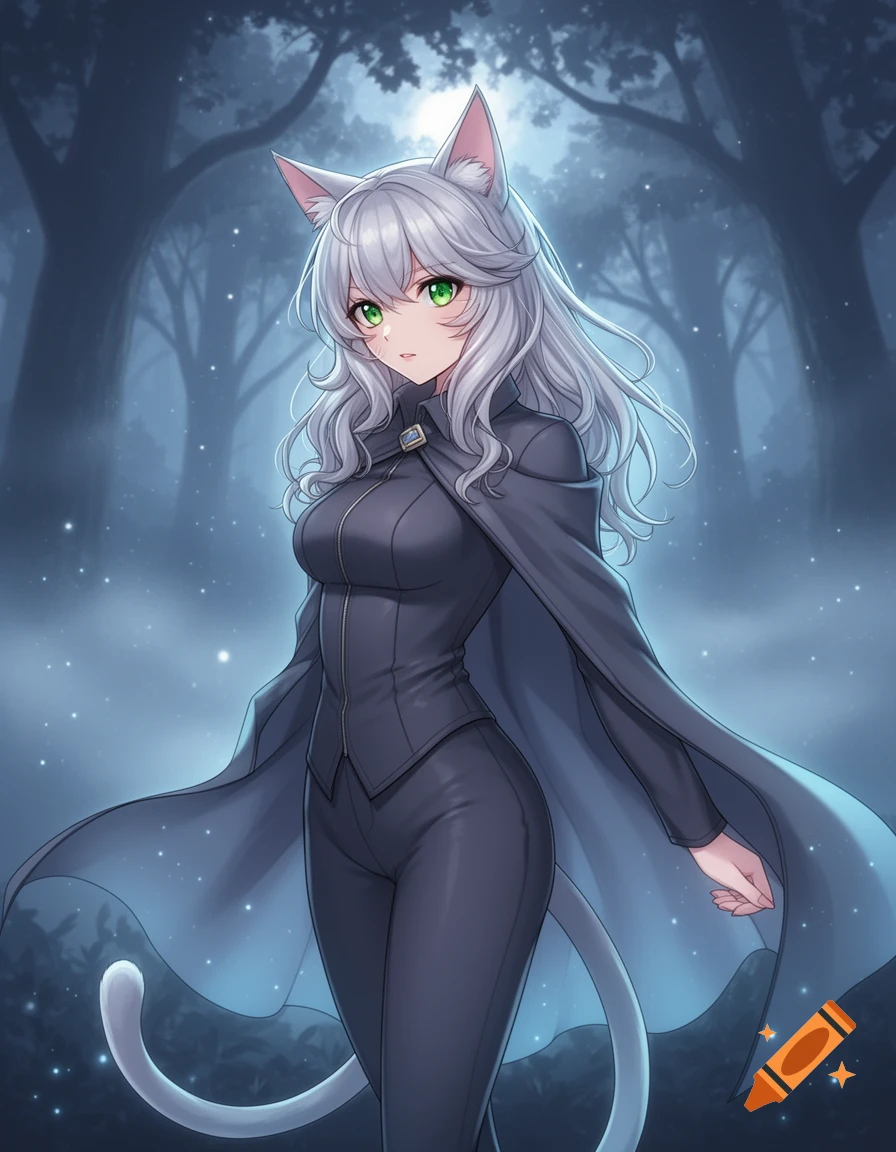 Anime cat girl with silver hair and green eyes in a dark suit and cape, standing in a misty forest at night.