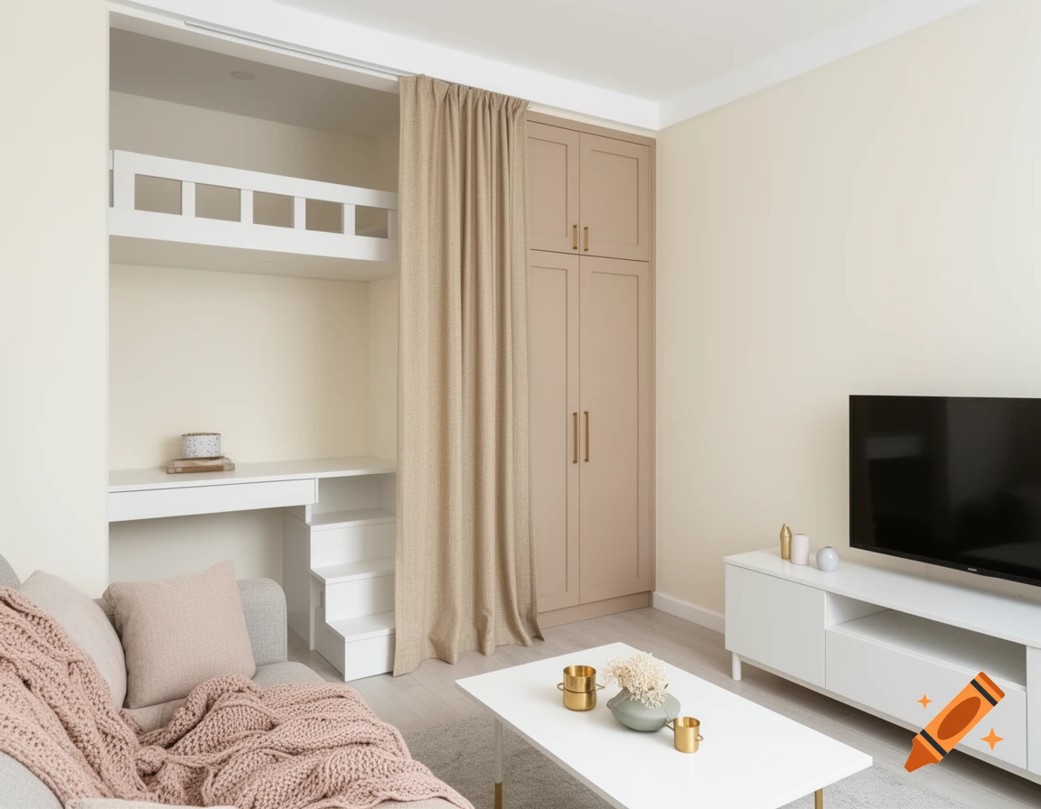 A cozy, minimalist studio apartment with a light grey sofa, white furniture, and a loft bed above a desk in a niche.