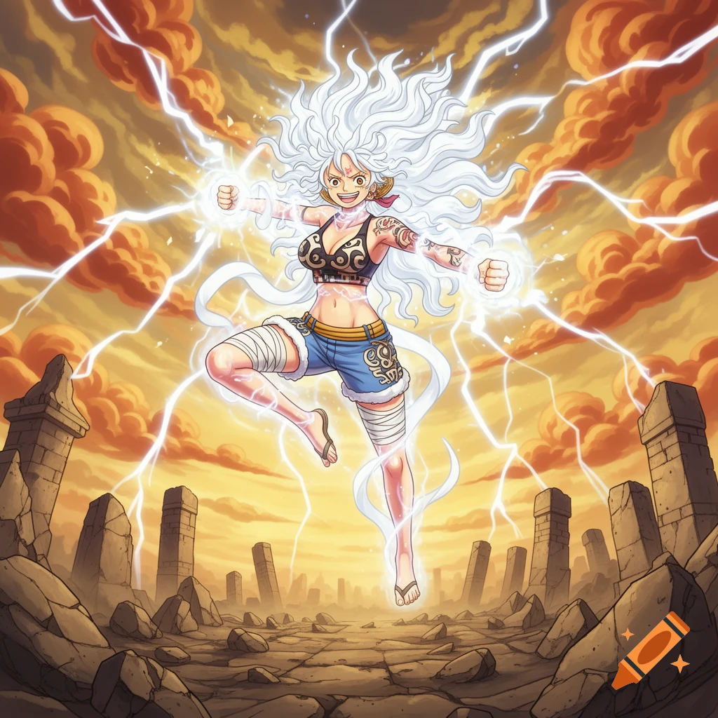 A powerful female anime character with long white hair and tattoos, generating lightning from her fists, floats above a ruined landscape under an orange, cloudy sky.