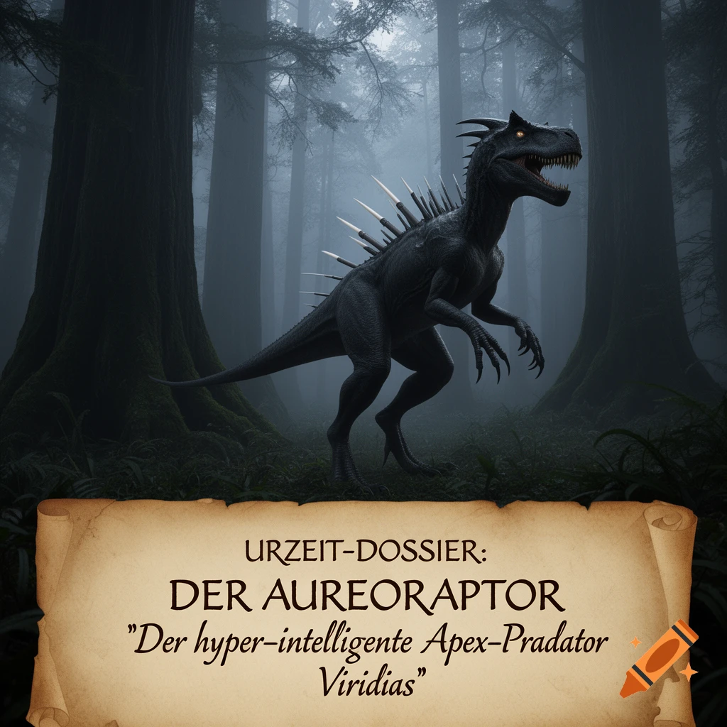 A dark, spiky, dinosaur-like creature with glowing eyes stands in a misty forest, with a scroll containing text about it at the bottom.