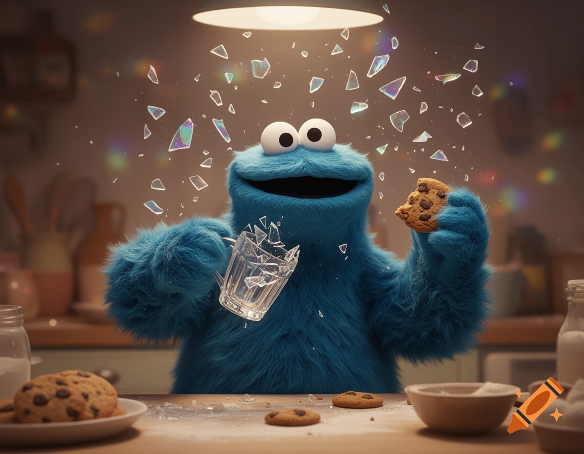 Cookie Monster smiles while holding a broken glass cup and a chocolate chip cookie, with cookies on a kitchen counter.