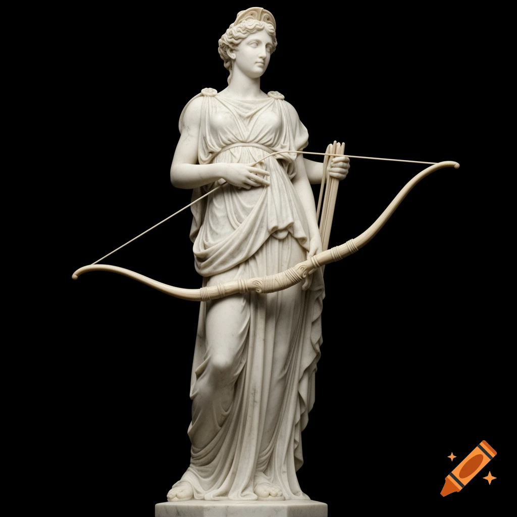 A full-body marble statue of the Greek goddess Artemis, holding an undrawn bow, against a black background.