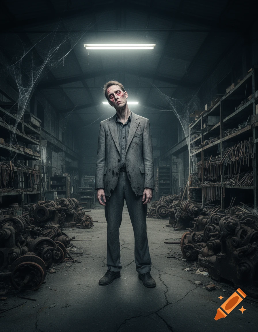 A creepy, gaunt man with bloodshot eyes and a tattered suit stands in a dark, abandoned industrial warehouse filled with rusted machinery and cobwebs.