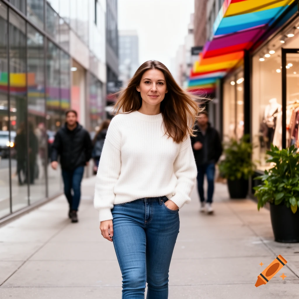 Photorealistic portrait of a young woman in a white sweater and jeans walking on a busy city street with storefronts.