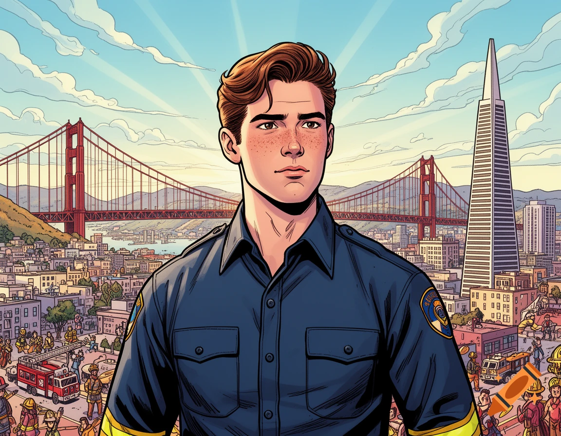 Comic book illustration of a young firefighter in a dark blue uniform, with San Francisco's Golden Gate Bridge and Transamerica Pyramid in the background.