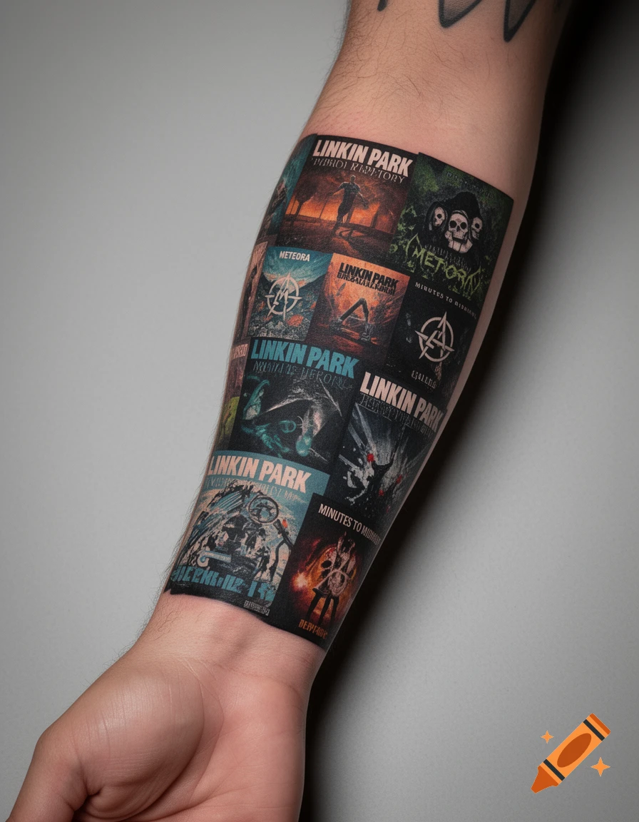 A photorealistic image of a forearm tattoo featuring a collage of Linkin Park album covers.