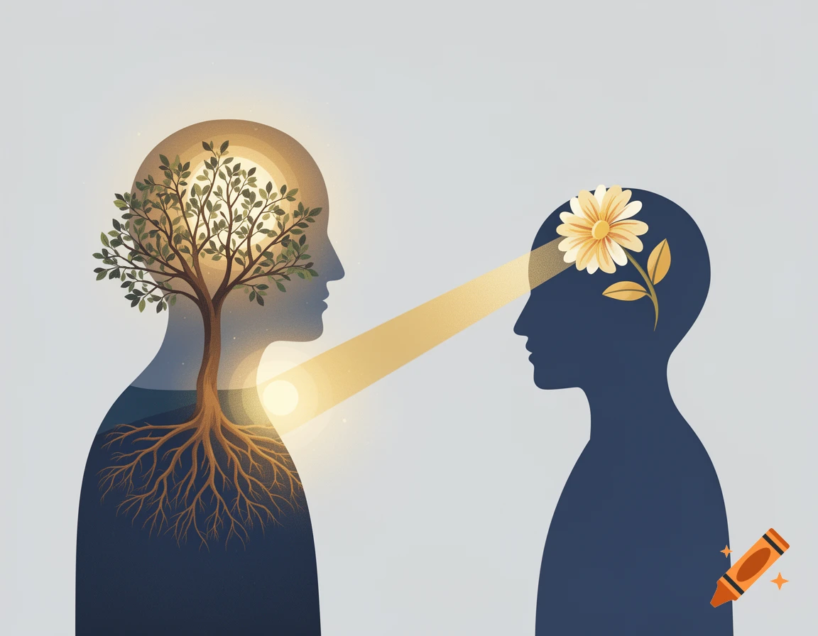A modern vector illustration of two human silhouettes. One has a glowing tree inside, the other a flower, connected by a light beam.
