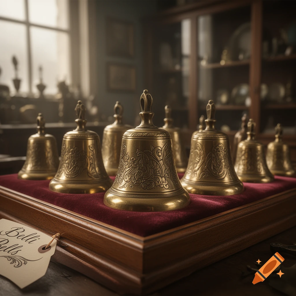 Ornate brass bells displayed on red velvet in a wooden case, bathed in soft light within an antique shop.